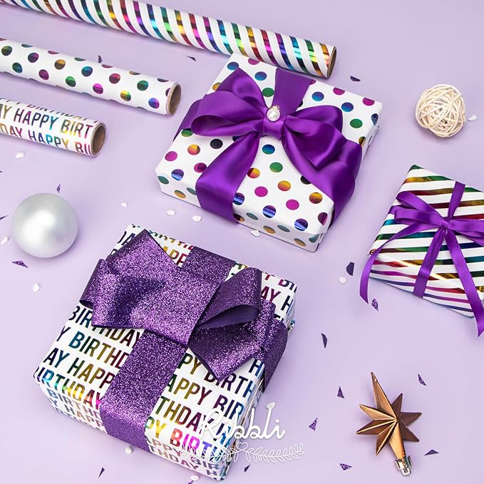 Ribbli Birthday Wrapping Paper Iridescent Gift Wrapping Paper Mini Roll, 3 Rolls Happy Birthday Polka Dots Stripes Printed Assortment - 17 inch x 120 inch(10feet) Per Roll