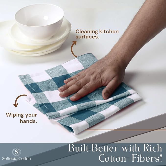 Teal Buffalo Check Plaid Kitchen Towels, 4 Pack, 100% Cotton, 16x26 Inches, Super Absorbent, Quick Dry, Soft, Dish Drying & Cleaning Towels with Hanging Loop, Teal Green and White