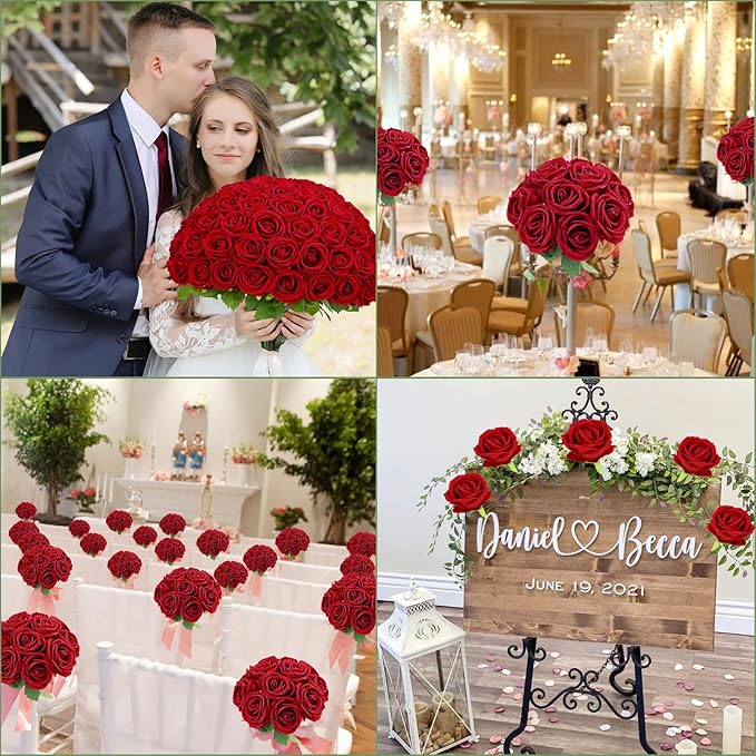 Waipfaru 100 Pcs Red Roses Artificial Flowers Bulk, Real Touch Velvet Roses with Wrapping Paper, Fake Flowers for Wedding Centerpieces Bridal Bouquet Valentines Mothers Day Decor