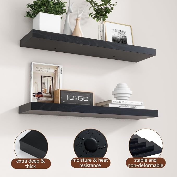 fuqing 30 Inch Floating Shelves for Wall, Black Wood Floating Shelves Set of 2, 30 Inch Wide x 6.7 Inch Deep Wooden Shelves for Living Room Bedroom Bathroom Home Office
