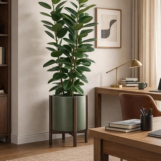 D'vine Dev Planter Pot with Stand - 14 Inch Plastic Cylinder Flower Pot with Wood Planter Holder for Indoor, Olive Pot + Walnut Color Stand, 55-C-R-4