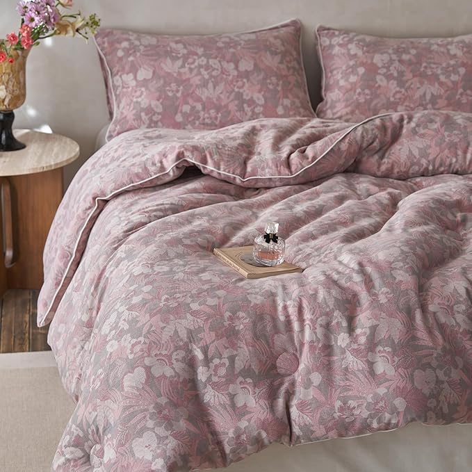 HighBuy Pink Floral Comforter Set Queen Boho Chic Muslin Cotton Bedding Comforter Sets Lightweight Soft & Warm Bed Comforter Queen with 2 Pillowcases for All Season