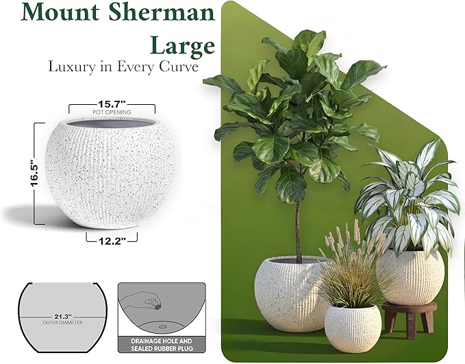 DTY Signature Mount Sherman Modern Indoor Outdoor Fiberstone Sphere Planter, Durable Round Garden Pot, Weather Resistant, Drainage Hole & Rubber Plug,Planter for Christmas Tree (Ribbed White, Large)