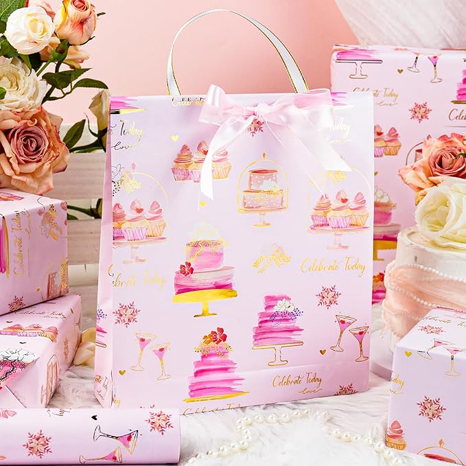 Merture Pink Wedding Wrapping Paper Roll - Foil Doodle Style Gift Wrap with Sweet Cake Pattern - 17 In X 32.8 Ft(46.5 sqft) for Wedding, Bridal Shower, Valentines Day, Girls Birthday Party