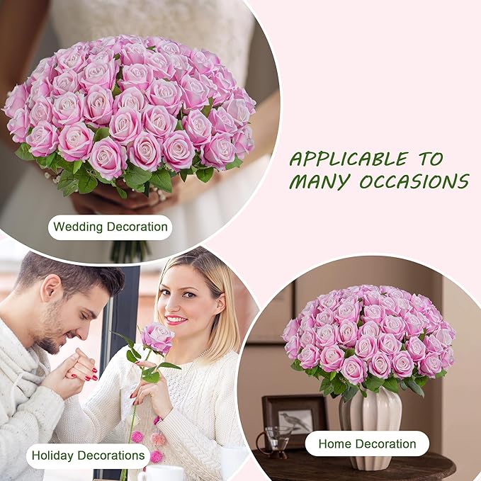 Uqueeten Fake Plants Roses Flowers Plastic Flowers Party Decoration for Home Gifts for Gf Roses Artificial Flowers for Vase Fake Plants Home Decor 19.6"(Deep Pink 50PCS)