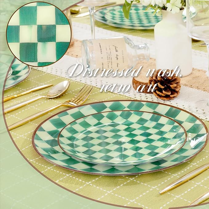 U-QE 20PCS Green Plastic Plates for Party - Retro Checkered Plates Disposable Heavy Duty - White and Green Disposable Plate for Party, Birthdays - 10 10.25 Inch Dinner and 10 7.5 Inch Dessert Plate
