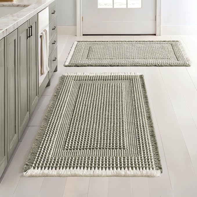 MIULEE Set of 2 Waffle Bathroom Rugs, Boho Bath Rug Super Absorbent, Non Slip Washable Ultra Soft Rubber Backed Shower Bath Mats for Floor, Tub, Shower, Looped Design, Green & Cream, 18x30 Inch