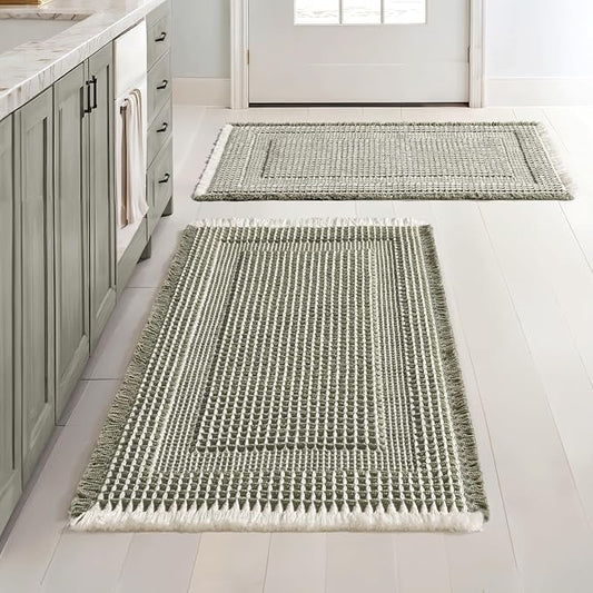 MIULEE Set of 2 Waffle Bathroom Rugs, Boho Bath Rug Super Absorbent, Non Slip Washable Ultra Soft Rubber Backed Shower Bath Mats for Floor, Tub, Shower, Looped Design, Green & Cream, 18x30 Inch