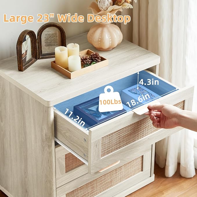 LEYAOYAO Boho Night Stands Set 2 with Storage, 23" Rattan Nightstand with 3 Drawers, Grey White Bed Side Table, Bedside End Tables for Bedroom, Living Room, Hallway