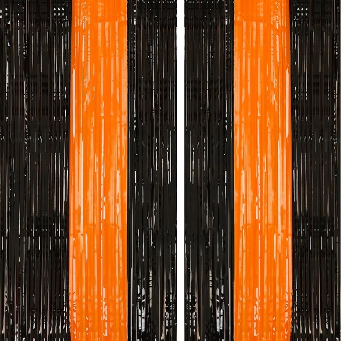 2 Pack Black and Orange Tinsel Foil Fringe Curtain, 3.2Ftx8.2Ft Halloween Backdrop Curtains Photo Booth Props Streamers Christmas Birthday Party Anniversary Wedding Retirement Decorations