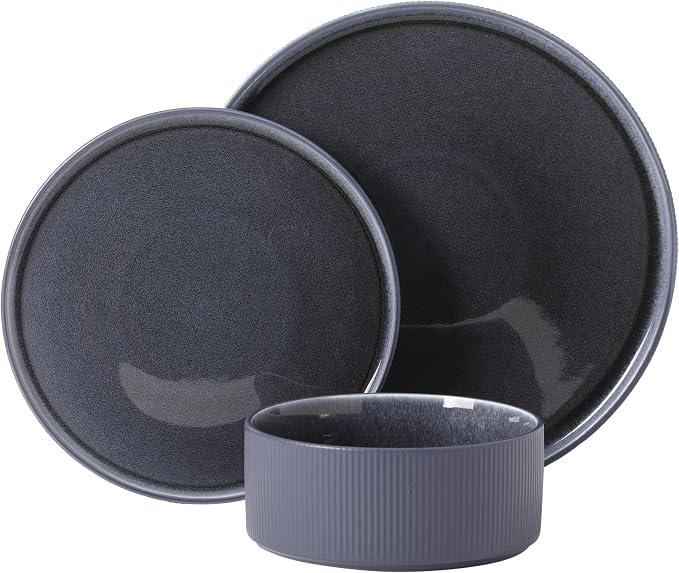 Gibson Elite Redrock Canyon 12-Piece New Bone China Dinnerware Set Service for 4, Reactive Glaze Plates and Bowls, Dishwasher and Microwave Safe, Navy Blue