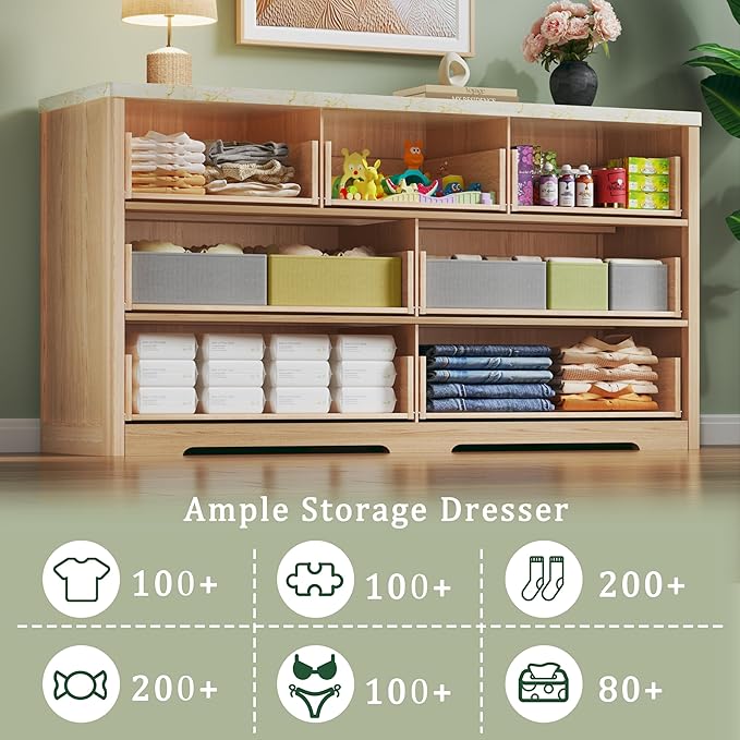 Fluted Dresser for Bedroom with 7 Drawers, 53" Wide Mid Century Modern Dressers with Faux Marble Top & Metal Handle, Wooden Chest of Drawers TV Stand, Natural Wood Closet Storage Organizer,Natural Oak