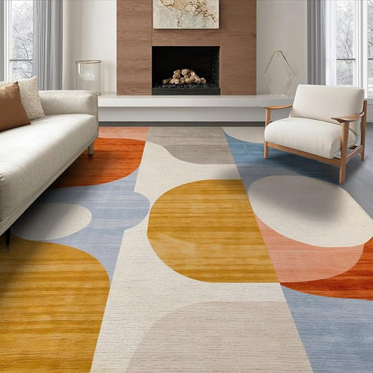 Flatwoven High Traffic Area Rug 8x10, Mid Century Modern Abstract with Fluid Lines and Symmetrical Ovals, Non Slip, Stain Resistant, Washable Area Rugs for Living Room, Bedroom (Orange, 8x10)