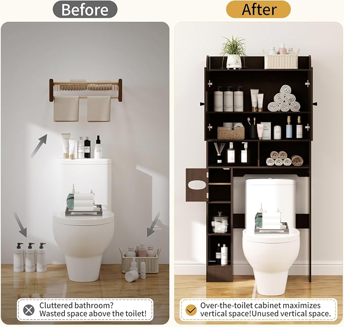 Over the Toilet Storage Cabinet, 32.3” W Farmhouse Bathroom Storage Cabinet Above Toilet with Toilet Paper Holder and Barn Doors, Freestanding Restroom Organizer Space Saving Rack, Rustic Brown