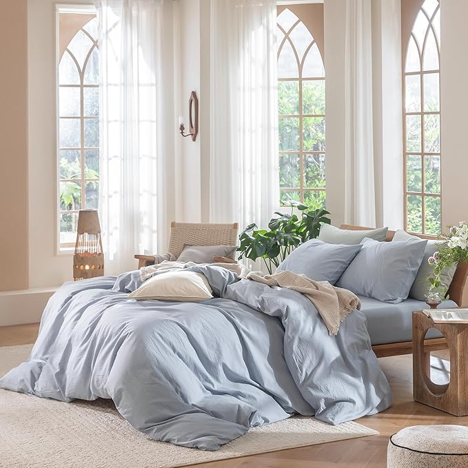 MooMee Bedding Duvet Cover Set 100% Washed Cotton Linen Like Textured Breathable Durable Soft Comfy (Heathered Cornflower Blue, Full 80"x90")