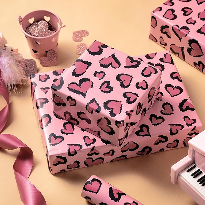 WRAPAHOLIC Leopard Wrapping Paper - Mini Roll - 17 Inch x 16.5 Feet - Pink Heart Wrapping Paper Perfect for Girls Birthday, Valentine's Day, Baby Shower, Wedding