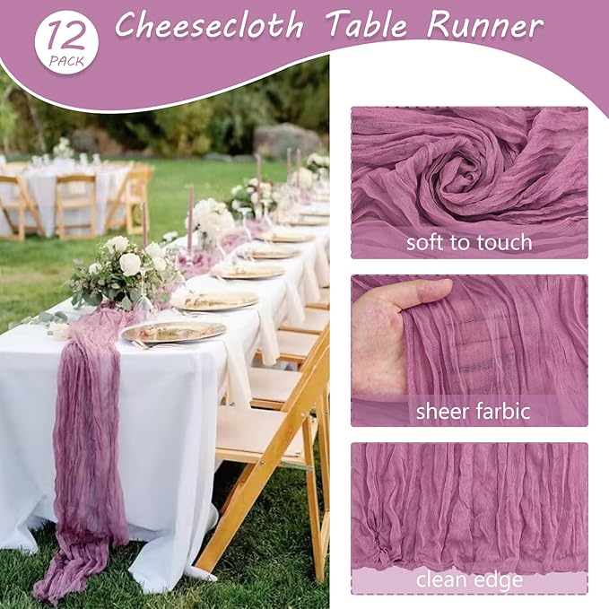 12 Pack 10Ft Cheesecloth Table Runner 35x120 Inch Boho Gauze Table Runner Rustic Cheese Cloth Long Romantic Table Runners for Wedding Bridal Shower Birthday Party Table Decor (Mauve)