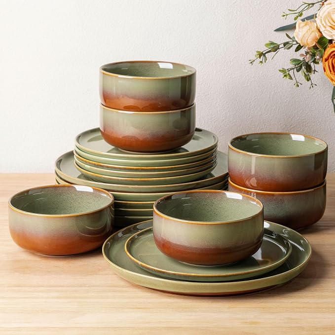 TheTerra Ceramic Dinnerware Sets for 6, 18 Pieces Handmade Reactive Glaze Plates and Bowls Set, Scratch Resistant Dish Set, Oven & Microwave & Dishwasher Safe, Sage Umber