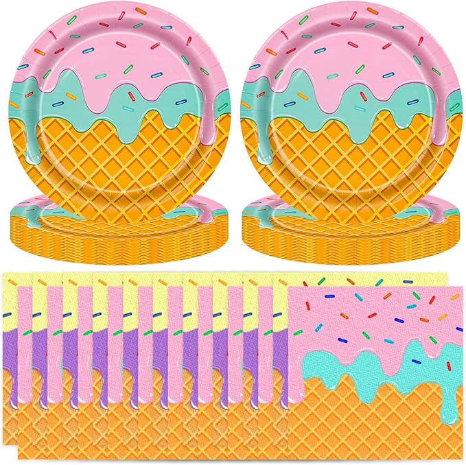 T-Antrix 40 Pcs Ice Cream Party Supplies, Disposable Ice Cream Paper Plates and Napkins Tableware Set for Kids & Girls Birthday, Baby Shower & Themed Parties Serves 20