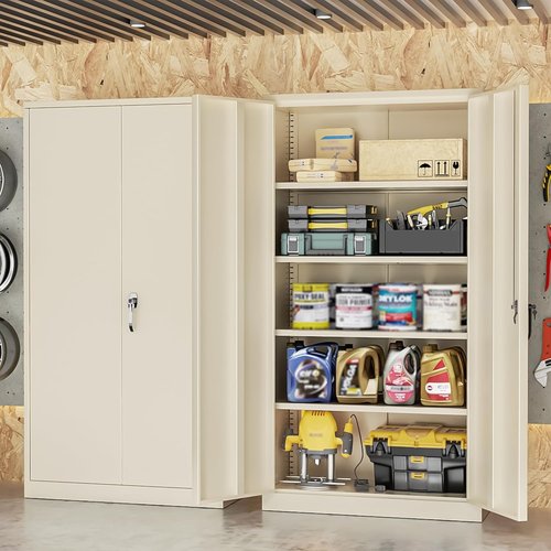 INTERGREAT Tall Metal Storage Cabinet - Locking Steel with 4 Adjustable Shelves | 72" Cream Gray for Office & Garage