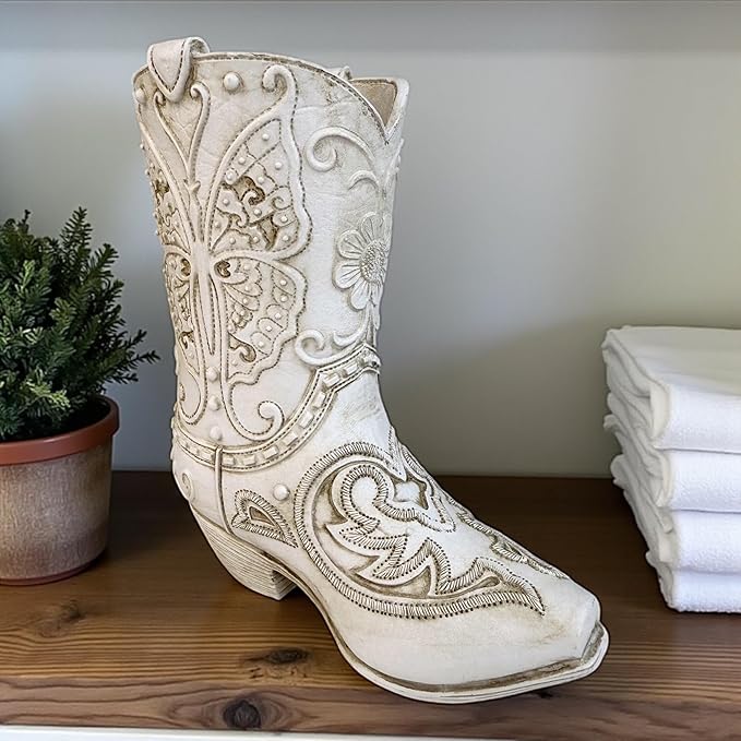 Top Brass Butterfly Boot Vase – Resin Cowboy/Cowgirl Boot Decor - Antique White Finish, Tooled Leather Look, Protective Pads, Modern Rustic Western Flower Holder, 7” Tall