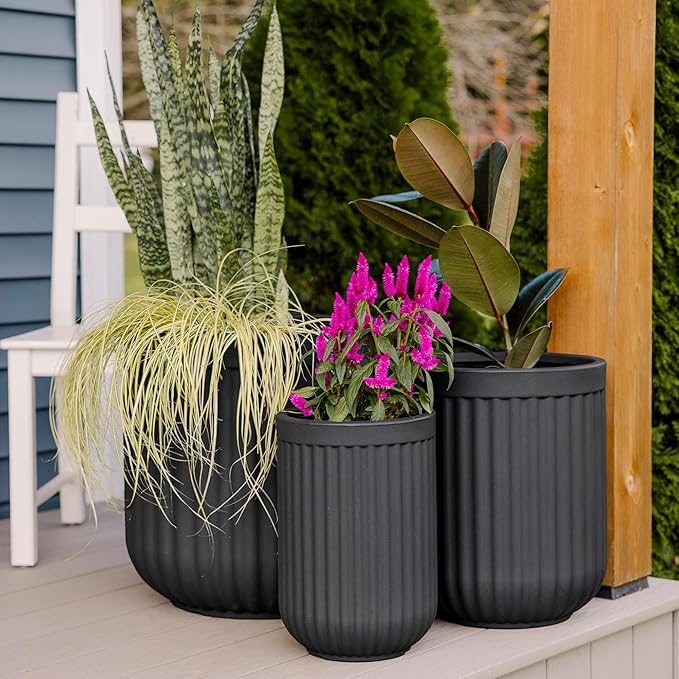 Beuta Large Planters for Outdoor Plants - Set of 3, 15/18/20 Inches Outdoor Planters for Porch - Tall Planter for Outdoor & Indoor Plants | Large Indoor Plant Pot - USA Made - Black