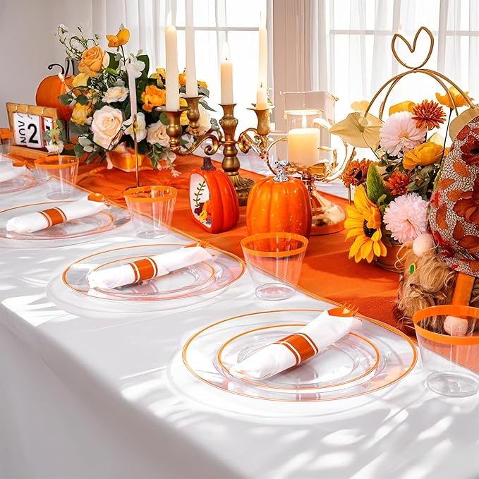 SUT 175Pcs Orange and Clear Plastic Dinnerware Set for 25 Guests, Include: 25 Dinner Plate, 25 Dessert Plates, 25 Pre Rolled Napkins With Silverware, 25 Cups, Disposable Plates for Thanksgiving, Party