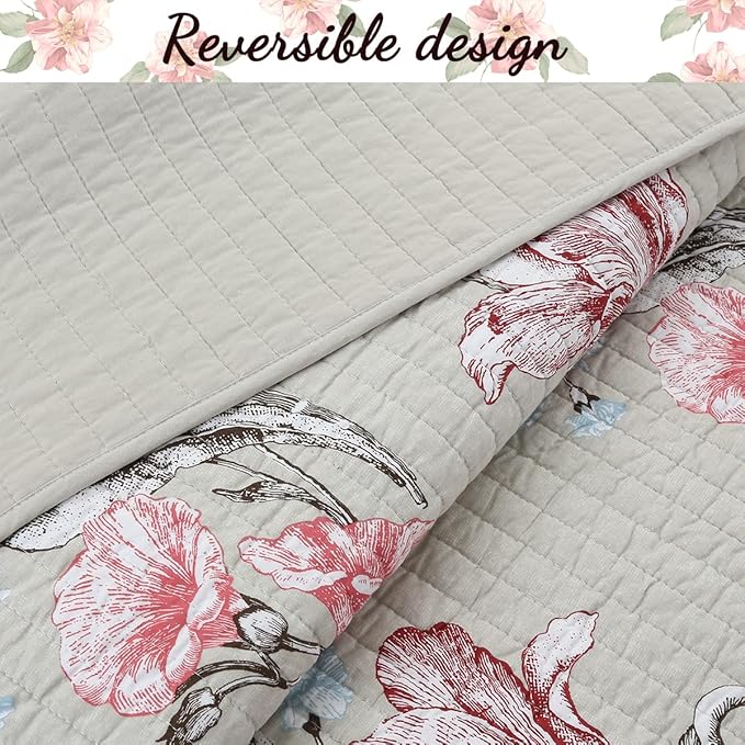 Cozy Line Home Fashions Taupe Khaki Floral Blooming 100% Cotton Reversible Quilt Bedding Set, Coverlet, Bedspread (Taupe Blooming, King - 3 Piece)