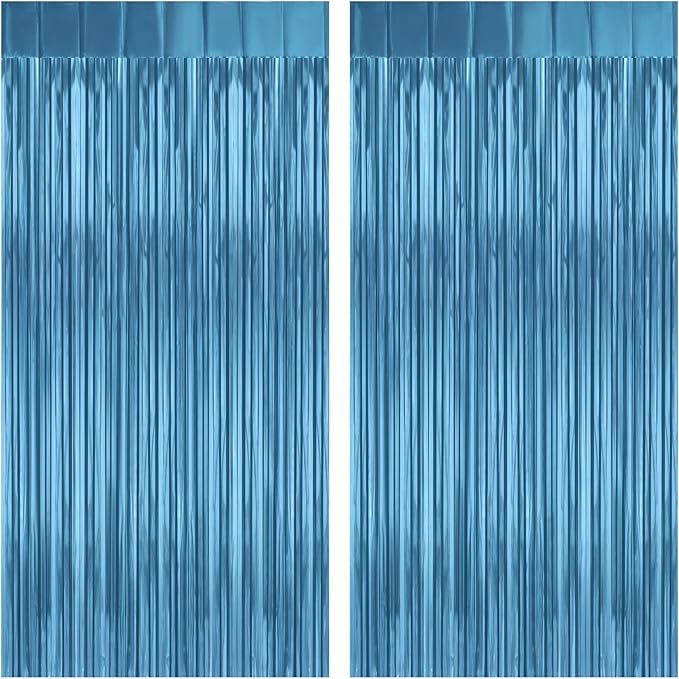 2 Pack Lake Blue Foil Fringe Curtains Tinsel Backdrop, 3.2Ft x 8.2Ft Metallic Tinsel Photo Booth Backdrop Curtains for Birthday Background Wedding Engagement Bridal Shower Bachelorette Decorations
