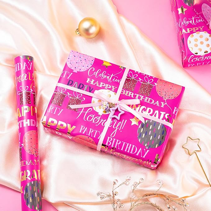 WRAPAHOLIC Birthday Wrapping Paper - Mini Roll - 17 Inch x 16.5 Feet - Gold Foil Hot Pink Happy Birthday Wrapping Paper for Kids, Girls, Women, Baby Shower