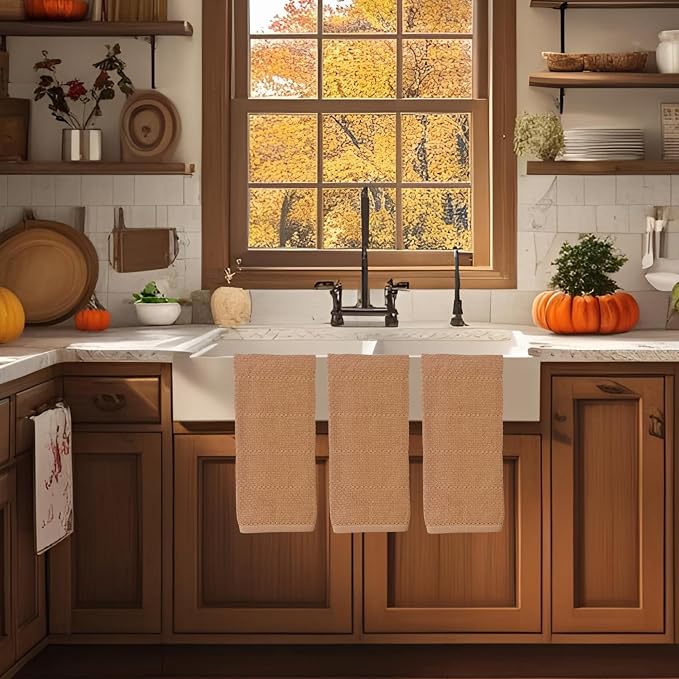 Beige Clay Peach Blush Tan Pink Kitchen Hand Dish Towels: Oversized 28" x 18",100% Cotton Cloth Soft Cleaning Drying Absorbent Textured Design, Set of 3 Multipurpose for Everyday Use (Sandstone)
