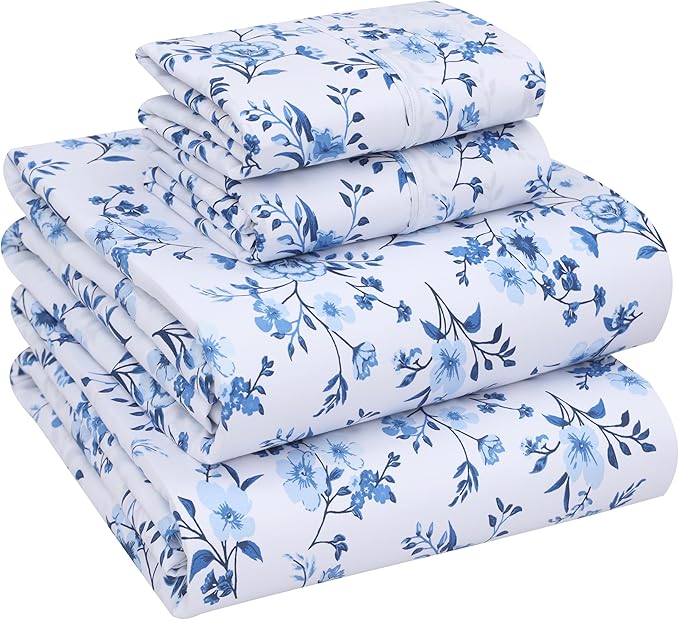 RUVANTI 100% Cotton Sheets Queen Size Set, 4 Pieces, Soft & Breathable Percale Weave Bedding, Deep Pocket 16", Hotel Standard, Crisp Cool Feeling, Durable, Perfect Floral Bed Sheet, Annual