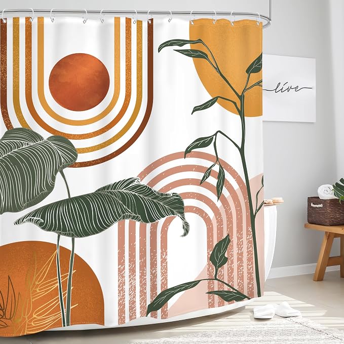 Glawry Orange Pink Boho Mid Century Shower Curtain Abstract Retro Tropical Palm Leaf Plant Sun Arch Minimalist Bathroom Geometric 72Wx72L Inches Bath Accessories Art Home Decor Fabric 12 Hooks