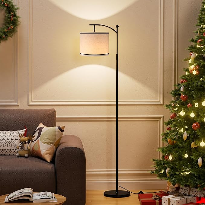 Ambimall 60" Floor Lamp for Living Room with 3 Color Temperatures, Beige Lampshade with Black Stripes, Tall Lamp for Bedroom Office, 9W Bulb Included
