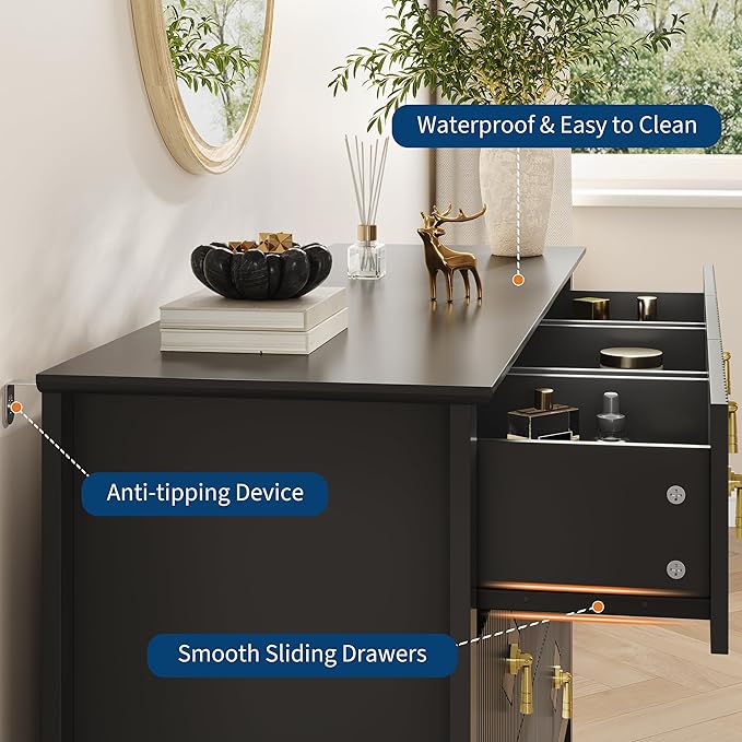 GarveeHome Fluted Dresser for Bedroom, 54 Inch Wide 7-Drawer Wood Dresser, Modern Chest of Drawers, Storage Organizer Cabinet for Living Room, Hallway, Entryway, Black