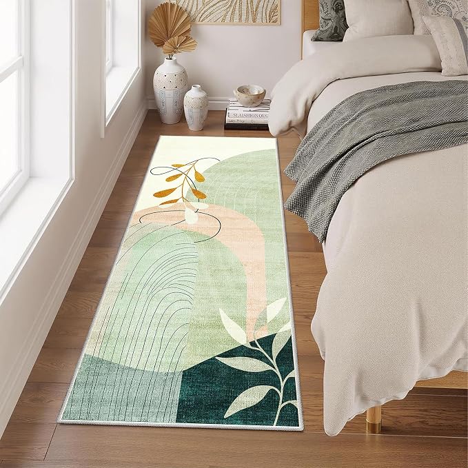 MUJOO Washable 2x6 Runner Rugs for Kitchen Hallway Bedside Bathroom Laundry Room Bedroom Floor,Boho Long Area Rug Non Slip Carpet Throw Rug Mid Century Modern Abstract Botanical Geometric Green
