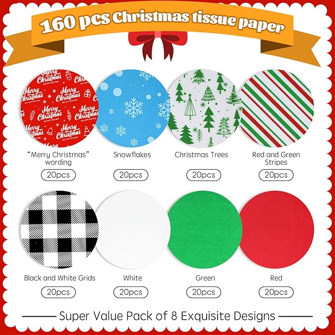 Hifunwu 160 Sheets Christmas Tissue Paper for Gift Wrapping Bags, Christmas Holiday Tissue Paper Bulk for Gift Bags Wrapping