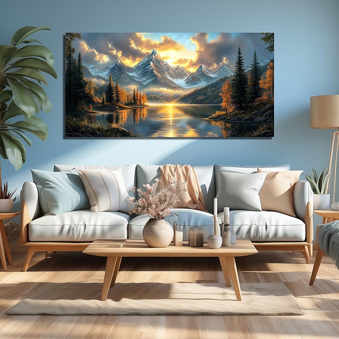 JuhaiArt Large Mountain Lake Wall Art Gold Picture Nature Artwork Landscape Canvas Decor for Living Room Bedroom Office Scenery Art 29" x 59"