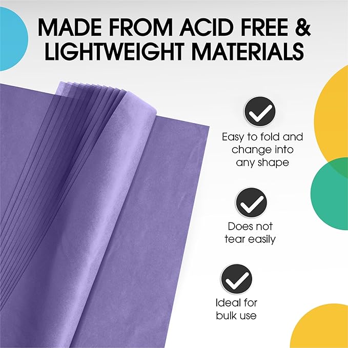 Party Solids Purple Tissue Paper for Gift Bags - 15" X 20" Bulk Tissue Paper Purple 480 Sheets - 10lb Newsprint for Packing, Birthday Gift Box Filler, Packing Supplies for Moving Supplies