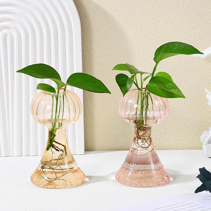 VANZACK 2Pcs Vintage Handblown Glass Pumpkin Vase Small Clear Flower Pots in Pink and Light Orange for Home Kitchen Office Decor Cute Wide-Mouth Design Smooth Surface Easy to Clean