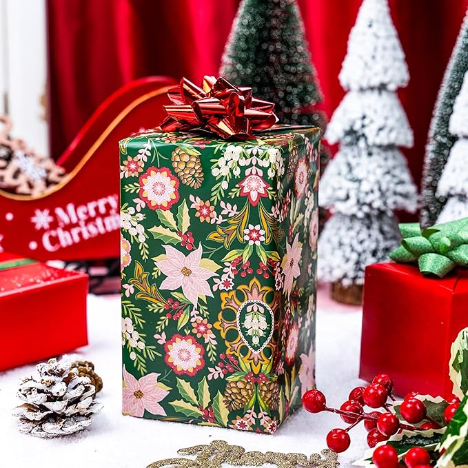 MAYPLUSS Christmas Wrapping Paper Roll - 17IN X 33FT - Vintage Gift Wrapping Paper Featuring Christmas Flower Against Green Reversible Red for Kids, Holiday, New Year