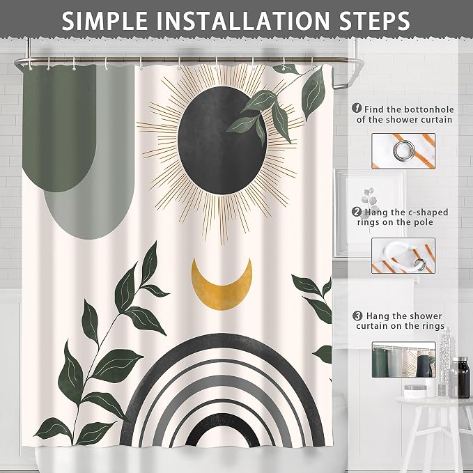 Mid Century Abstract Boho Aesthetic Shower Curtain Set, Gray Nature Leaf Sun Modern Minimalist Home Bathroom Curtain Decor with 12 Hooks 72 Inch Wide * 84 Inch High Grey