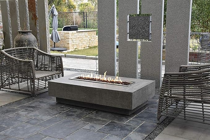 Elementi | Hampton Gas Fire Pit Cast Concrete 56" Rectangular Fire Table, Outdoor Fire Pit Electronic Ignition | Canvas Cover, Lava Rock Included | Light Gray (Propane Gas)