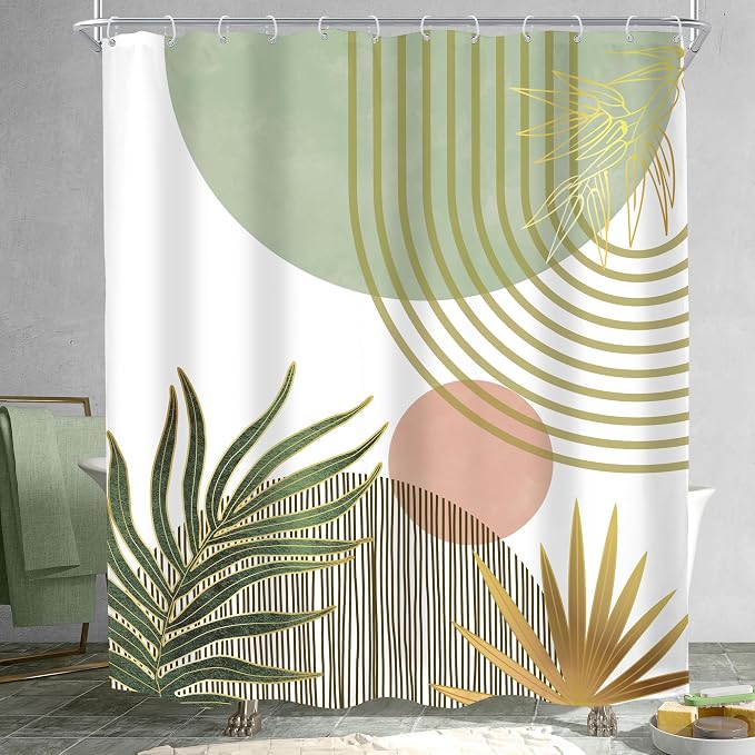 KOMLLEX Mid Century Boho Shower Curtain for Bathroom Decor Abstract Green Modern Minimalist Red Aesthetic Sun Arch Curve Leaves Geometric Neutral Fabric Waterproof Polyester 12 Pack Hook 60Wx72H