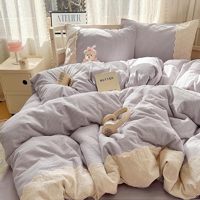 LifeTB Purple Gingham Duvet Cover Full Size Cozy Washed Microfiber Purple Checkered Plaid Duvet Cover with 2 Pillowcases Romantic White Lace Comforter Cover 3 Pieces Gingham Grid Bedding Set
