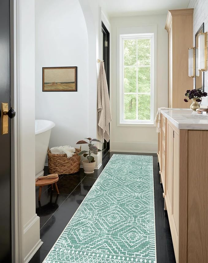 Wonnitar Moroccan Kitchen Runner Rug Washable Non-Slip, 2'6"x10' Mint Green Hallway Rugs, Boho Long Runner Rug for Entryway, Low Pile Soft Runner for Bathroom Laundry Entrance (Mint Green,2'6"x10')