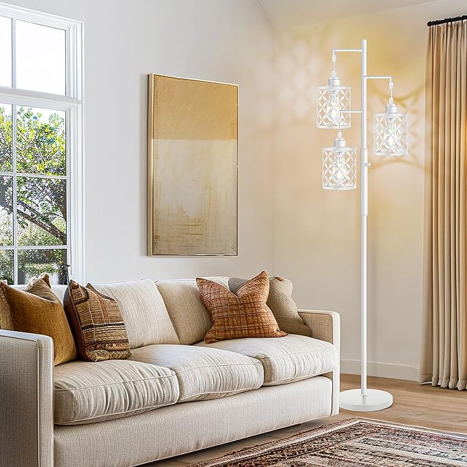 Dimmable Floor Lamp, Farmhouse Standing Lamp with Elegant Metal Cage, Industrial Tall Tree Floor Lamps for Living Room, Bedroom, Study Room, Office, 3 x 800LM LED Bulbs Included, 72", White