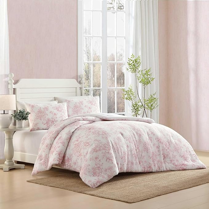 Laura Ashley - Comforter Set, Soft Poly Waffle Textured Bedding with Matching Shams, Delicate Floral Design (Delphine Pastel Pink, King)