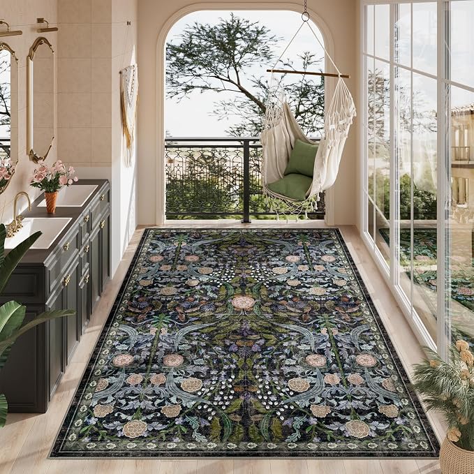 AMTOVO 6x9 Washable Area Rugs for Living Room, Non-Slip Large Soft Boho Floral Vintage Accent Print Carpet for Bedroom Classroom College Dorm Dining Room Farmhouse Nursery Home Office, Black