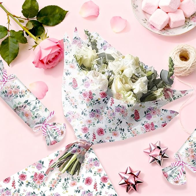 50 Sheet Pink Flower Tissue Paper Rose Floral Gift Wrapping Paper Watercolor Wildflower Patterned Tissue Papers for Gift Wrap DIY Crafts Packaging Wedding Bithday Party Supplies